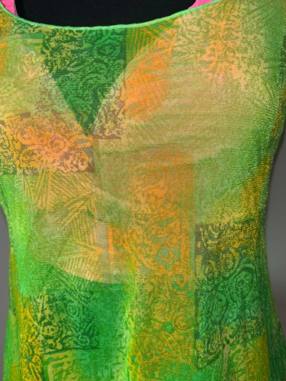 Vintage Endless Sun Green Sheer Mesh Top Patchwork Print Size Small